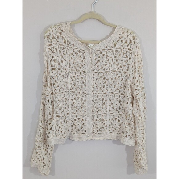 Ultra Pink Women Long Sleeve Top Crochet Open Knit Cardigan Romantic Boho Sz XL - Picture 2 of 10